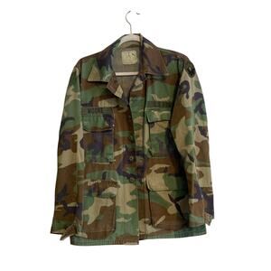 Vintage 90s US Army Woodland Camo Button Up Cotton Military Jacket Sz Medium